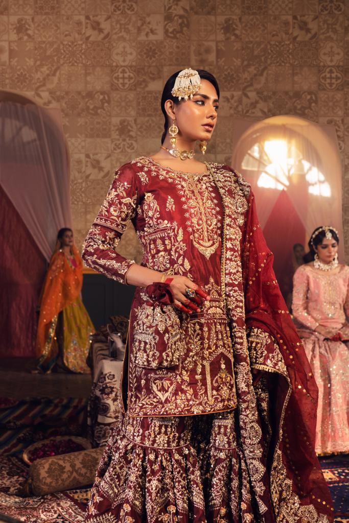 Pakistani Deep Maroon Zardozi Silk Gharara Set (3-Piece) - Image 2