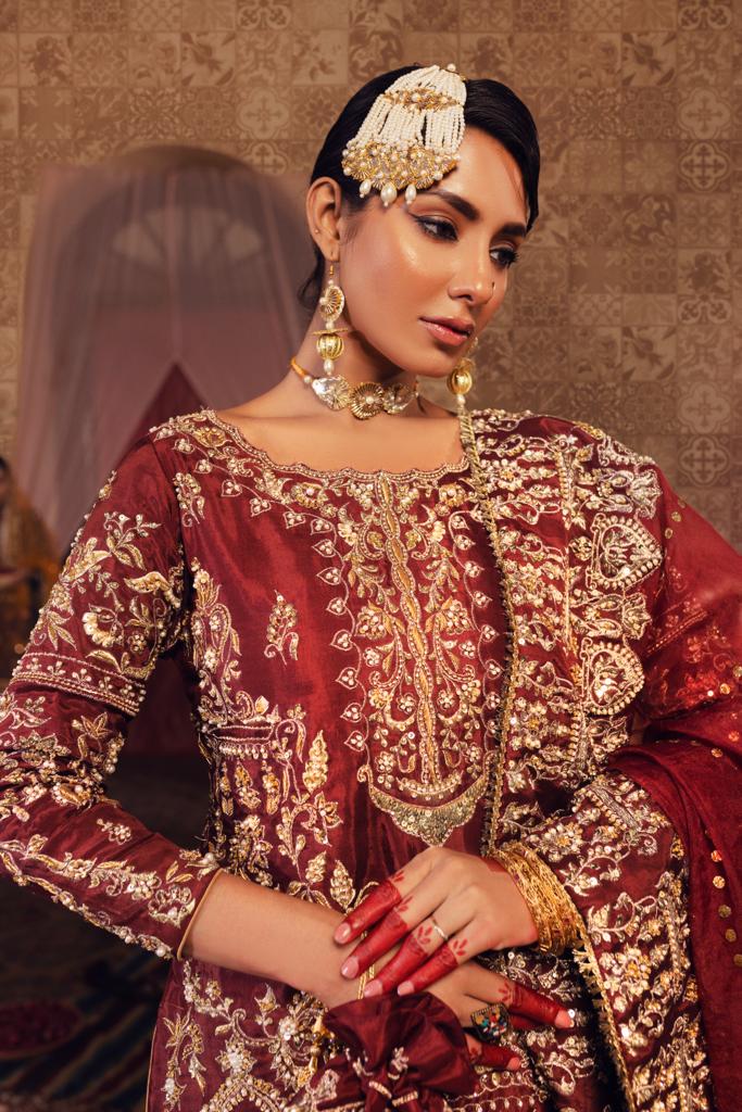 Pakistani Deep Maroon Zardozi Silk Gharara Set (3-Piece) - Image 3