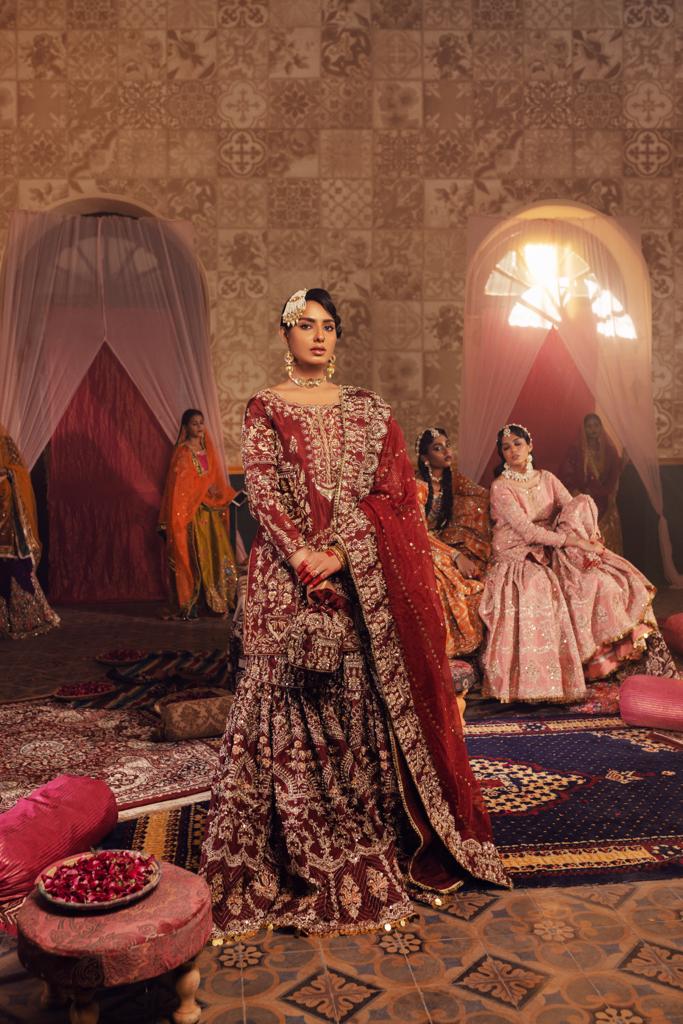 Pakistani Deep Maroon Zardozi Silk Gharara Set (3-Piece) - Image 4