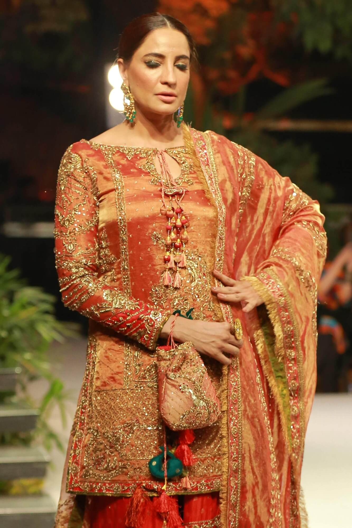 Pakistani Rust Embroidered Tissue Maysuri Gharara Set (3-Piece) - Image 1