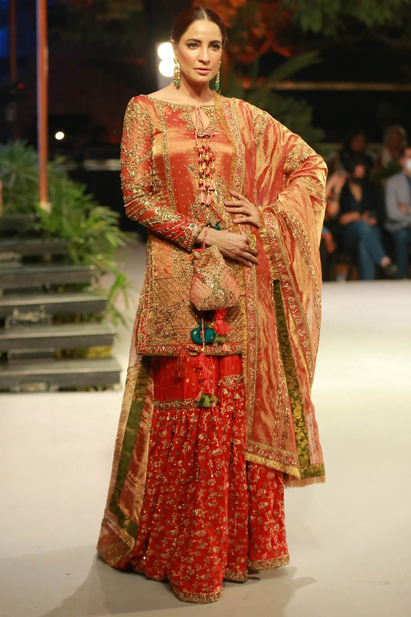 Pakistani Rust Embroidered Tissue Maysuri Gharara Set (3-Piece) - Image 2