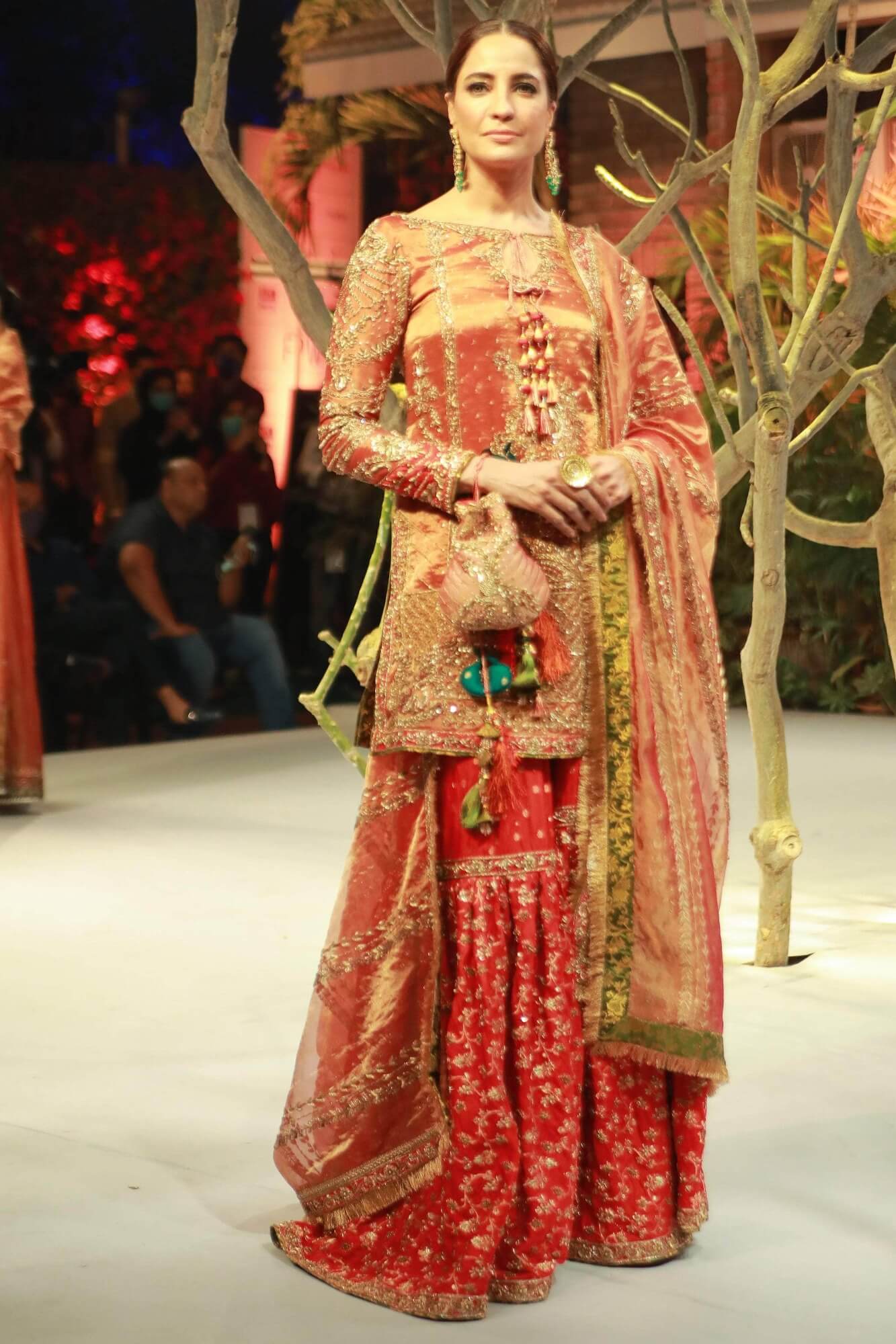 Pakistani Rust Embroidered Tissue Maysuri Gharara Set (3-Piece) - Image 3