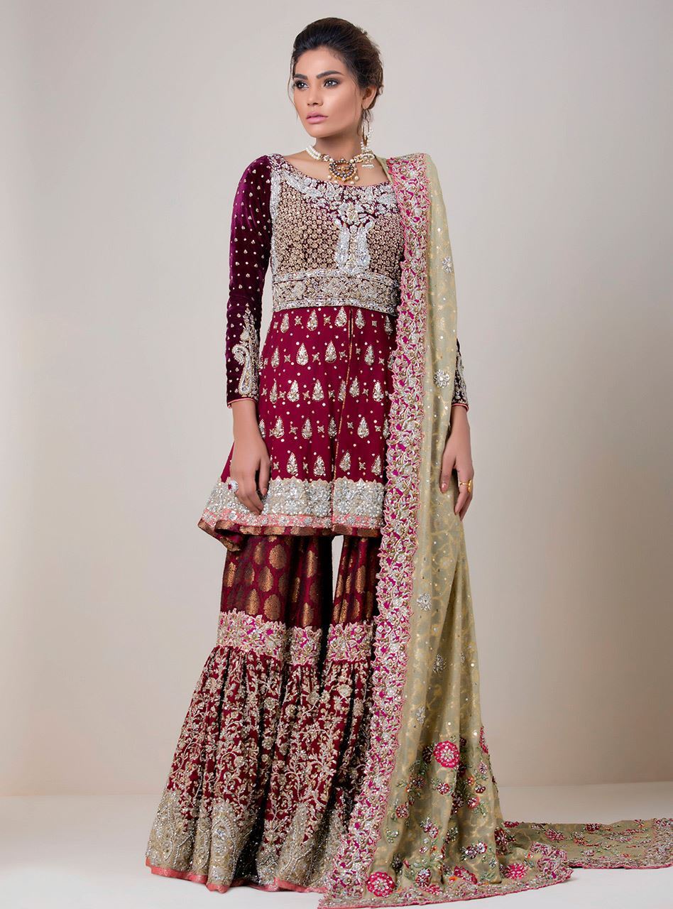 Pakistani Maroon Embellished Velvet Peplum Gharara (3-Piece) - Image 1