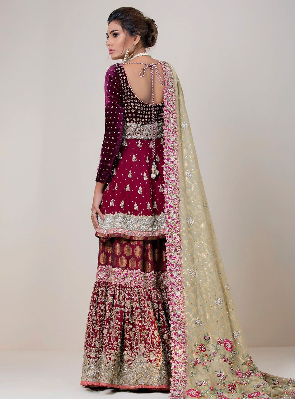 Pakistani Maroon Embellished Velvet Peplum Gharara (3-Piece) - Image 3