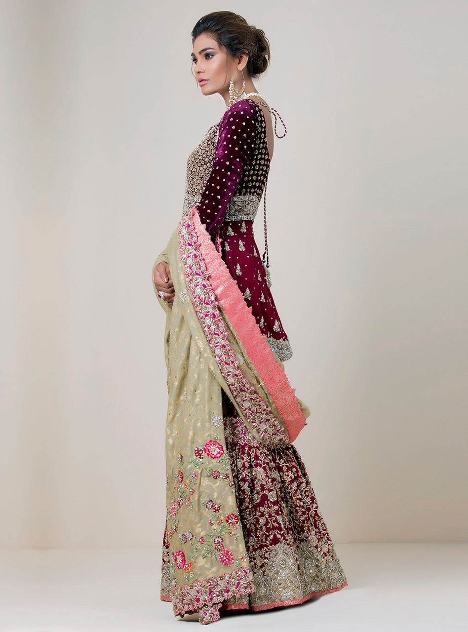 Maroon Embellished Velvet Peplum Gharara (3-Piece) - Image 2