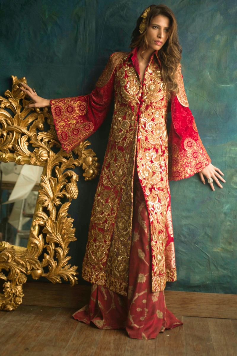 Pakistani Dark Maroon Embroidered Double Palachi Bridal Gharara (2-Piece) - Image 1