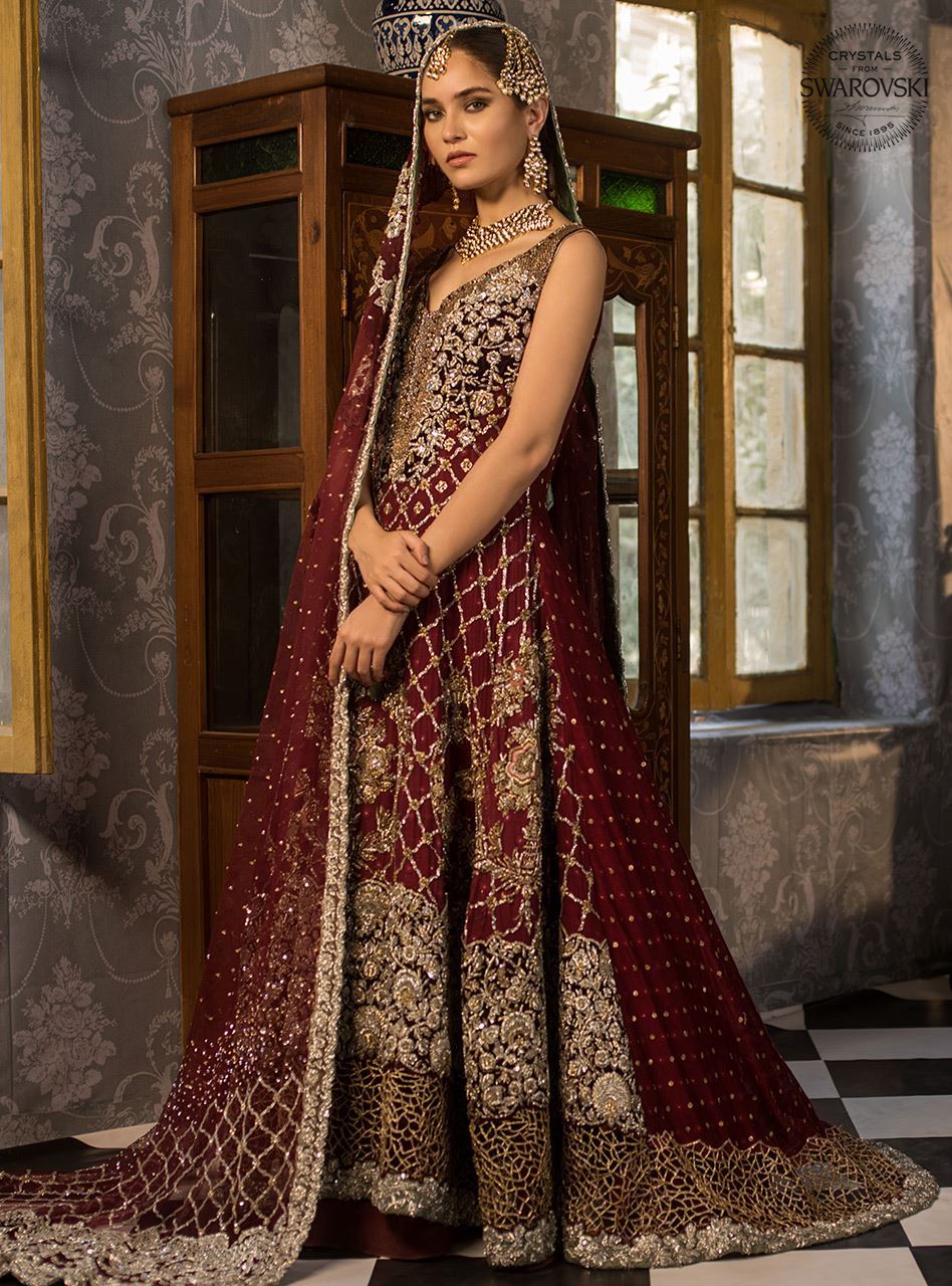Pakistani Deep Maroon Embellished Khaadi Net Bridal Gown (2-Piece) - Image 1