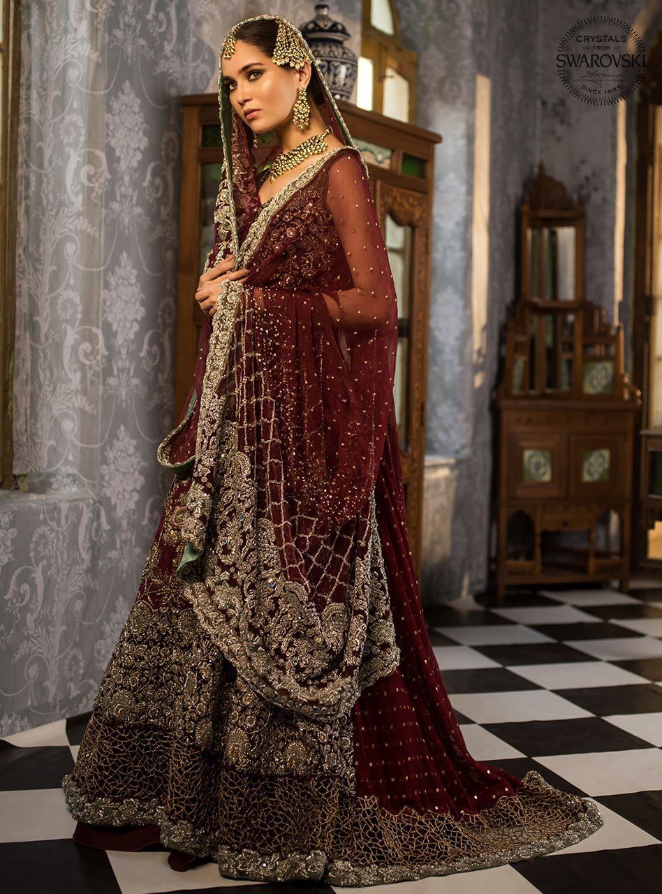 Pakistani Deep Maroon Embellished Khaadi Net Bridal Gown (2-Piece) - Image 2