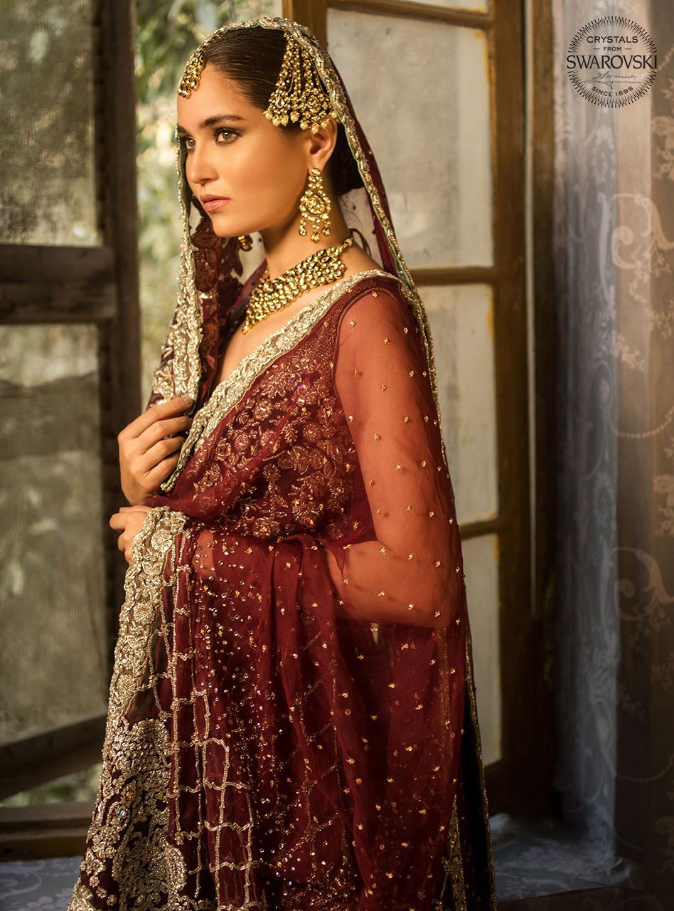 Pakistani Deep Maroon Embellished Khaadi Net Bridal Gown (2-Piece) - Image 4