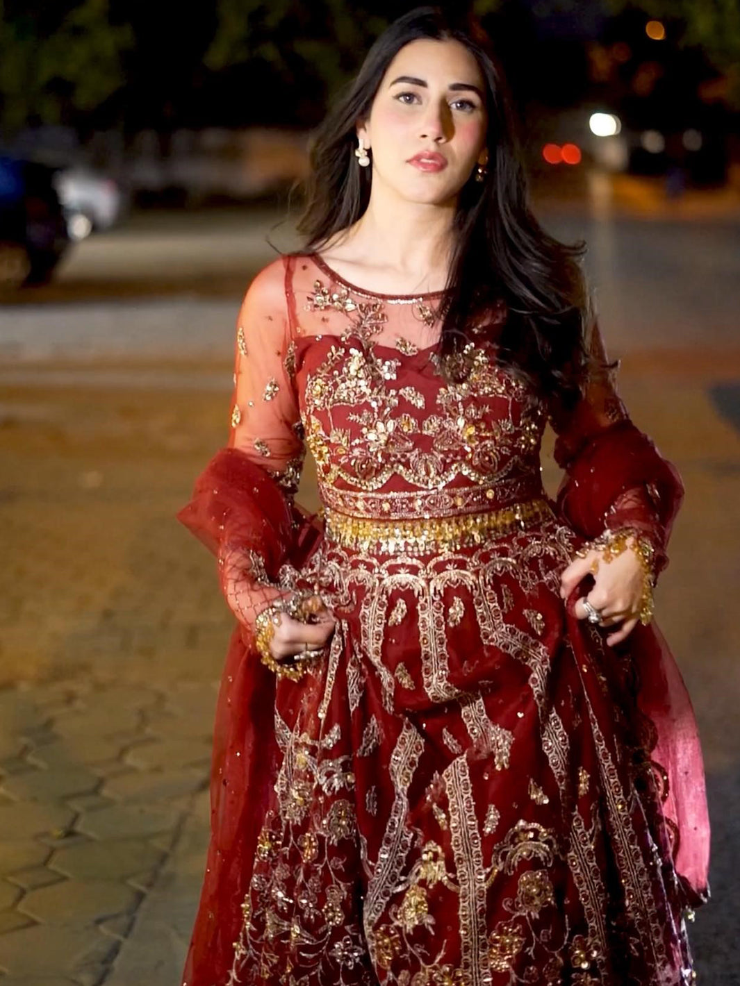 Pakistani Deep Maroon Embroidered Net Formal Gown (2-Piece) - Image 1