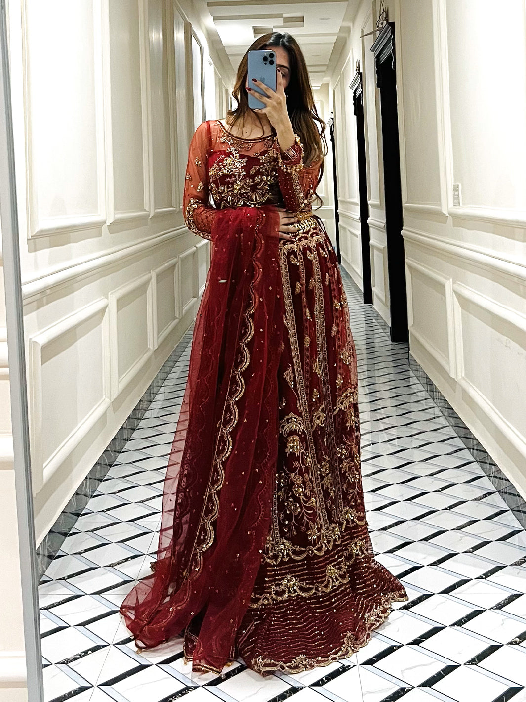 Pakistani Deep Maroon Embroidered Net Formal Gown (2-Piece) - Image 2