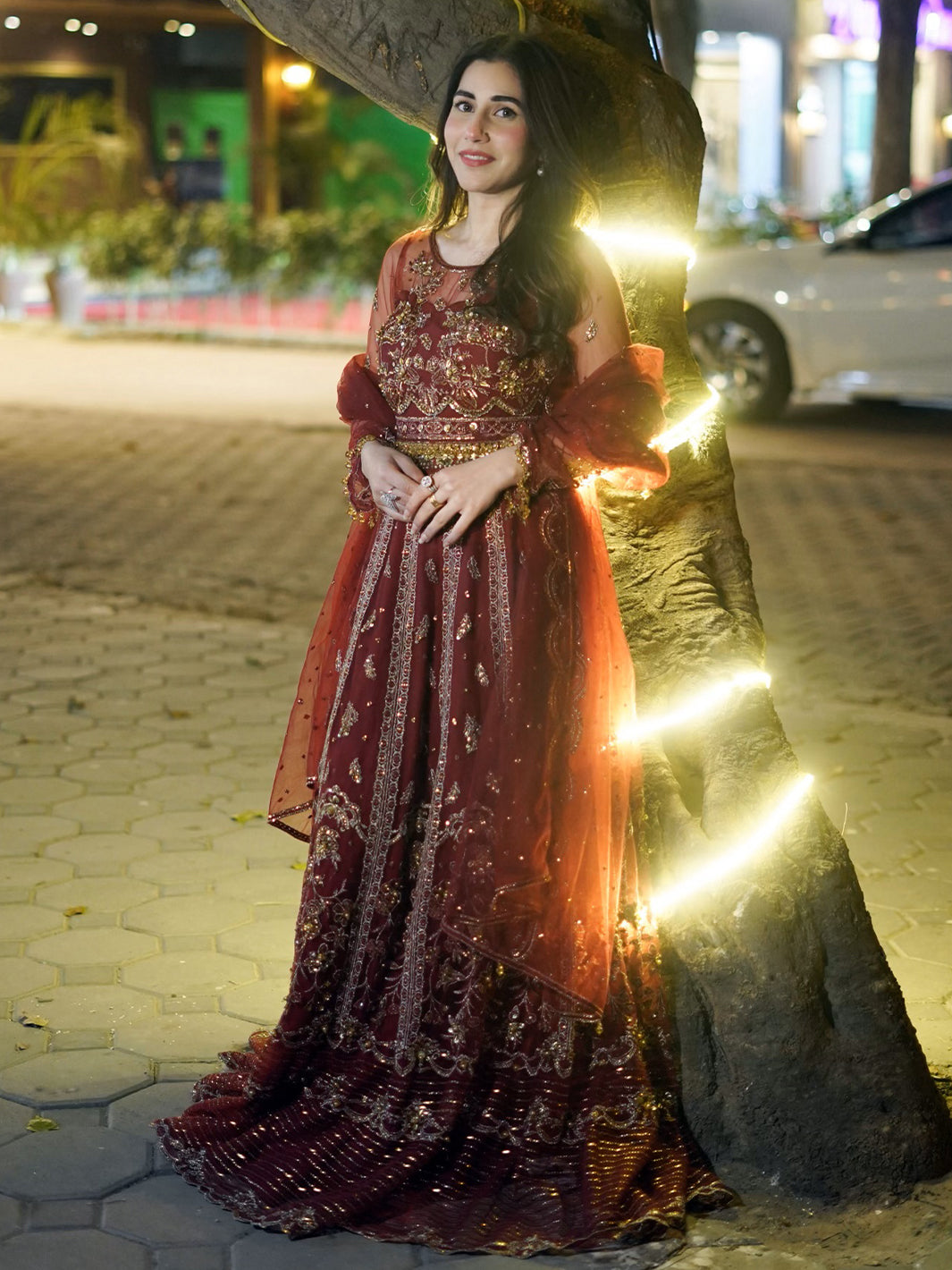 Pakistani Deep Maroon Embroidered Net Formal Gown (2-Piece) - Image 3