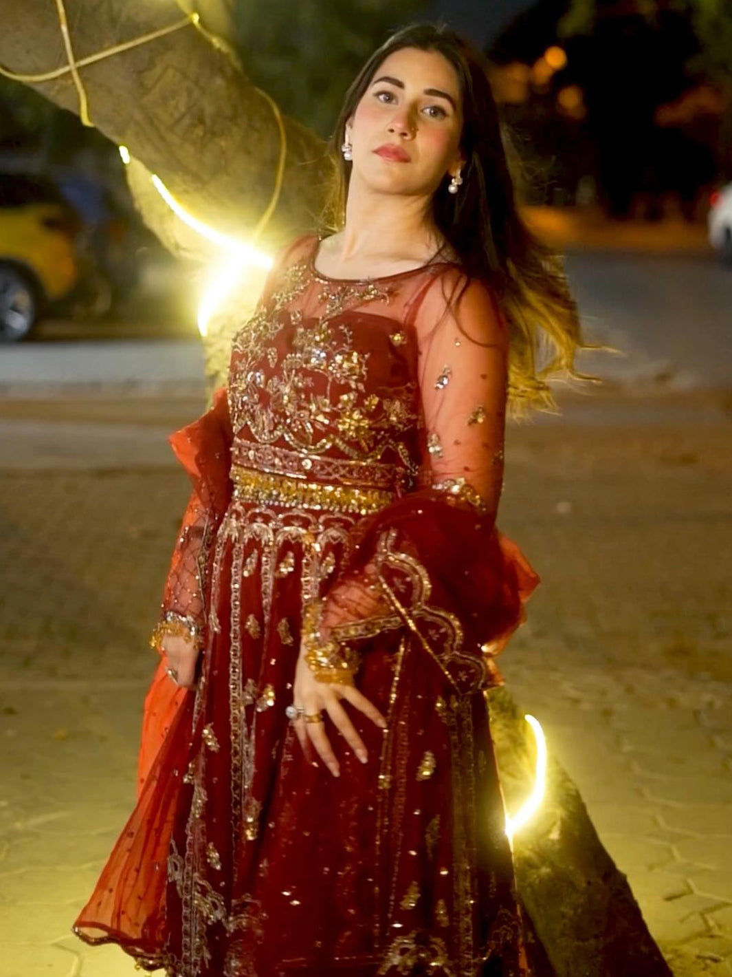 Pakistani Deep Maroon Embroidered Net Formal Gown (2-Piece) - Image 4