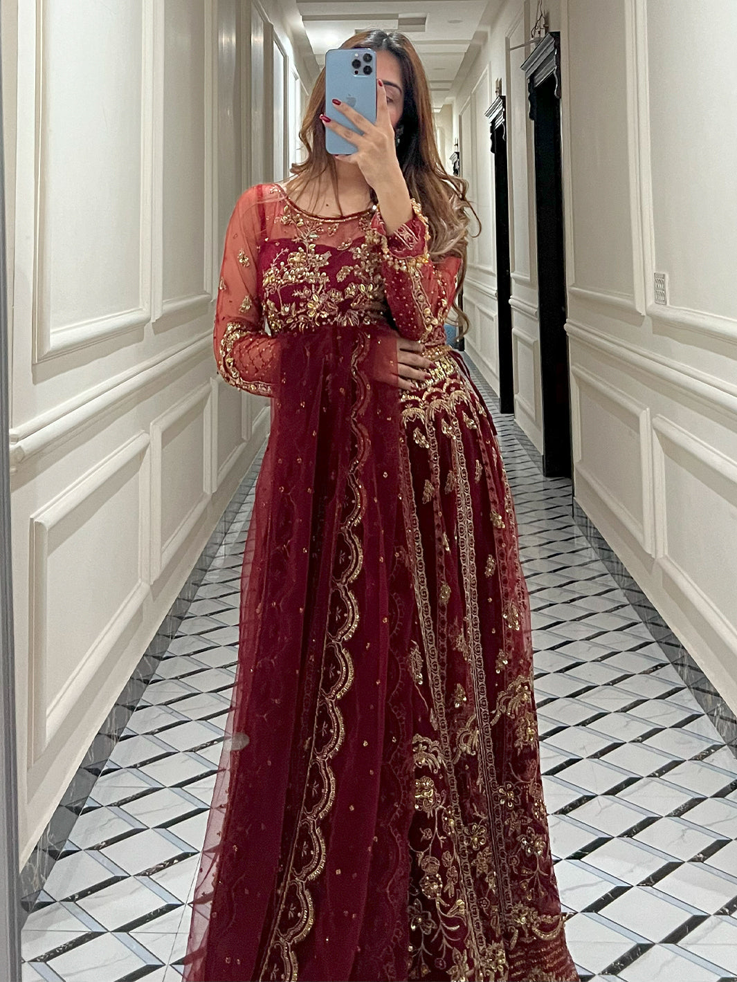 Pakistani Deep Maroon Embroidered Net Formal Gown (2-Piece) - Image 5