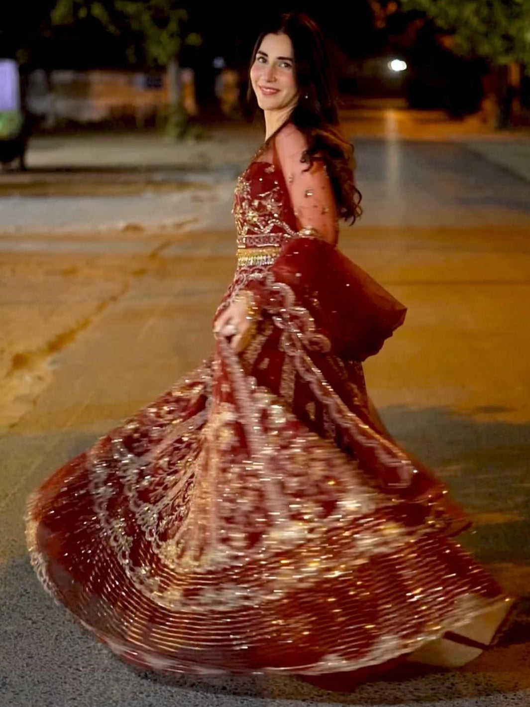 Pakistani Deep Maroon Embroidered Net Formal Gown (2-Piece) - Image 9