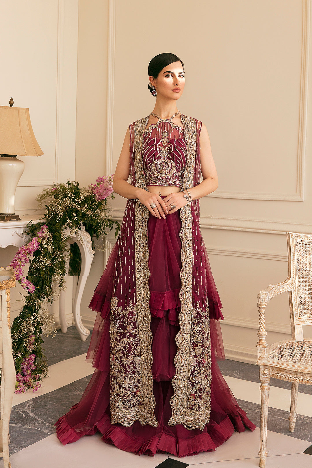 Deep Maroon Embellished Net Gown (2-Piece) - Image 1