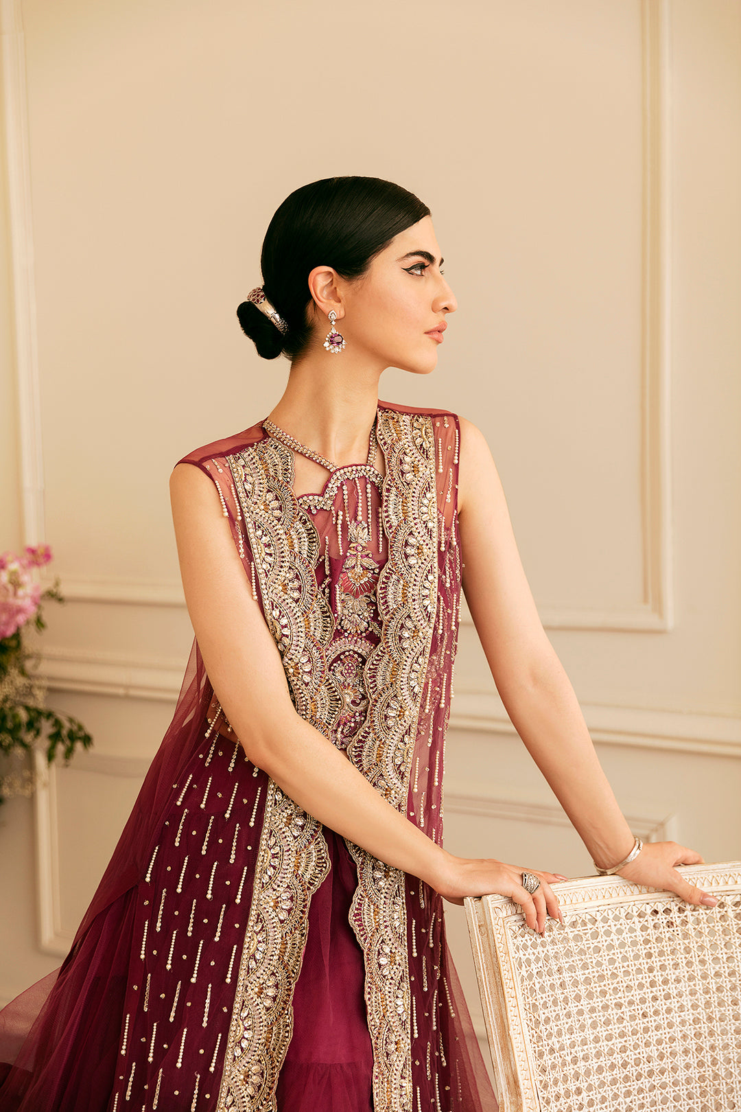 Deep Maroon Embellished Net Gown (2-Piece) - Image 2