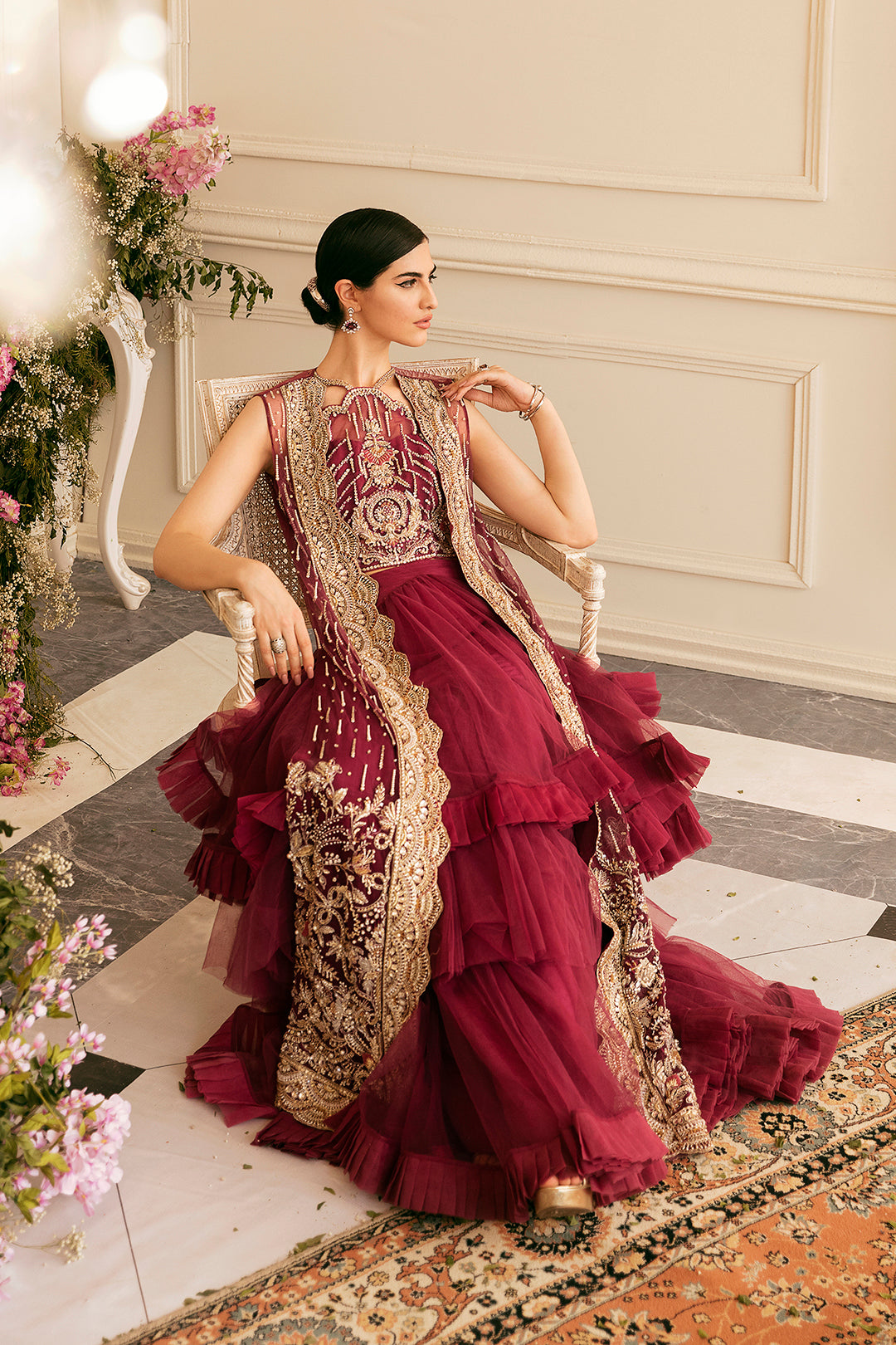 Deep Maroon Embellished Net Gown (2-Piece) - Image 3
