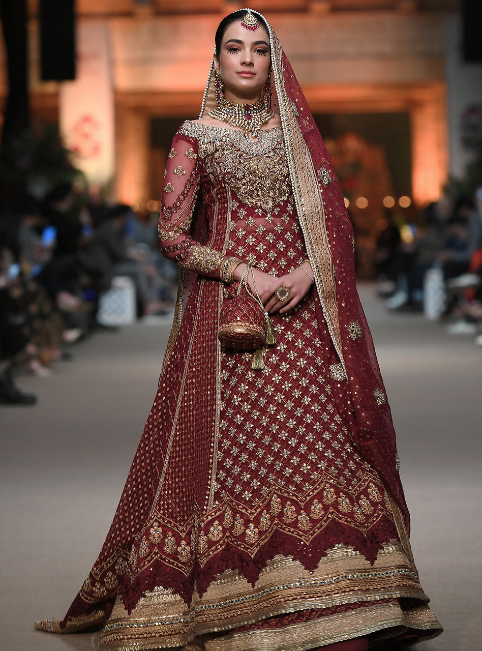 Pakistani Maroon Embroidered Net Bridal Gown (3-Piece) - Image 1