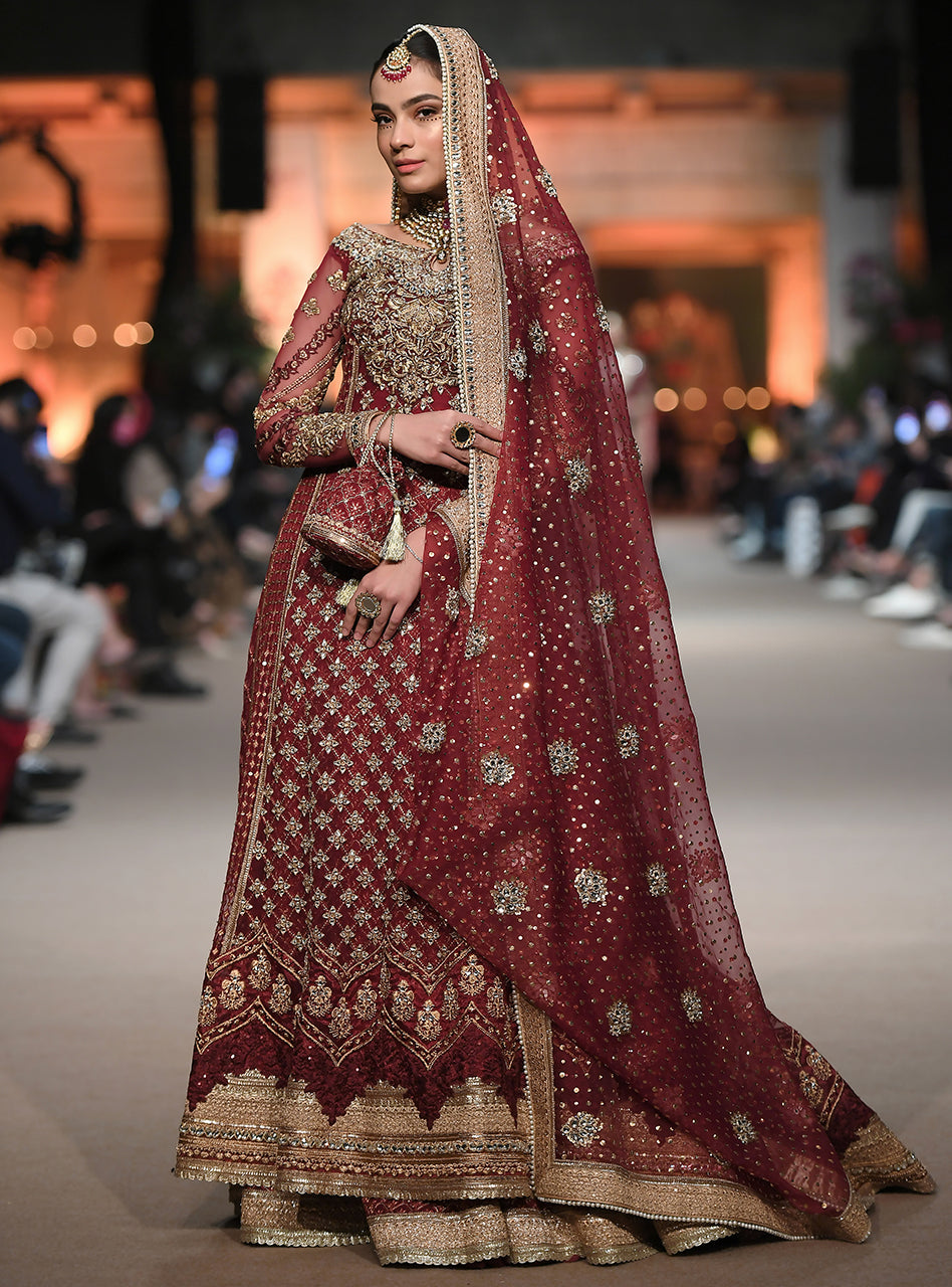 Pakistani Maroon Embroidered Net Bridal Gown (3-Piece) - Image 2