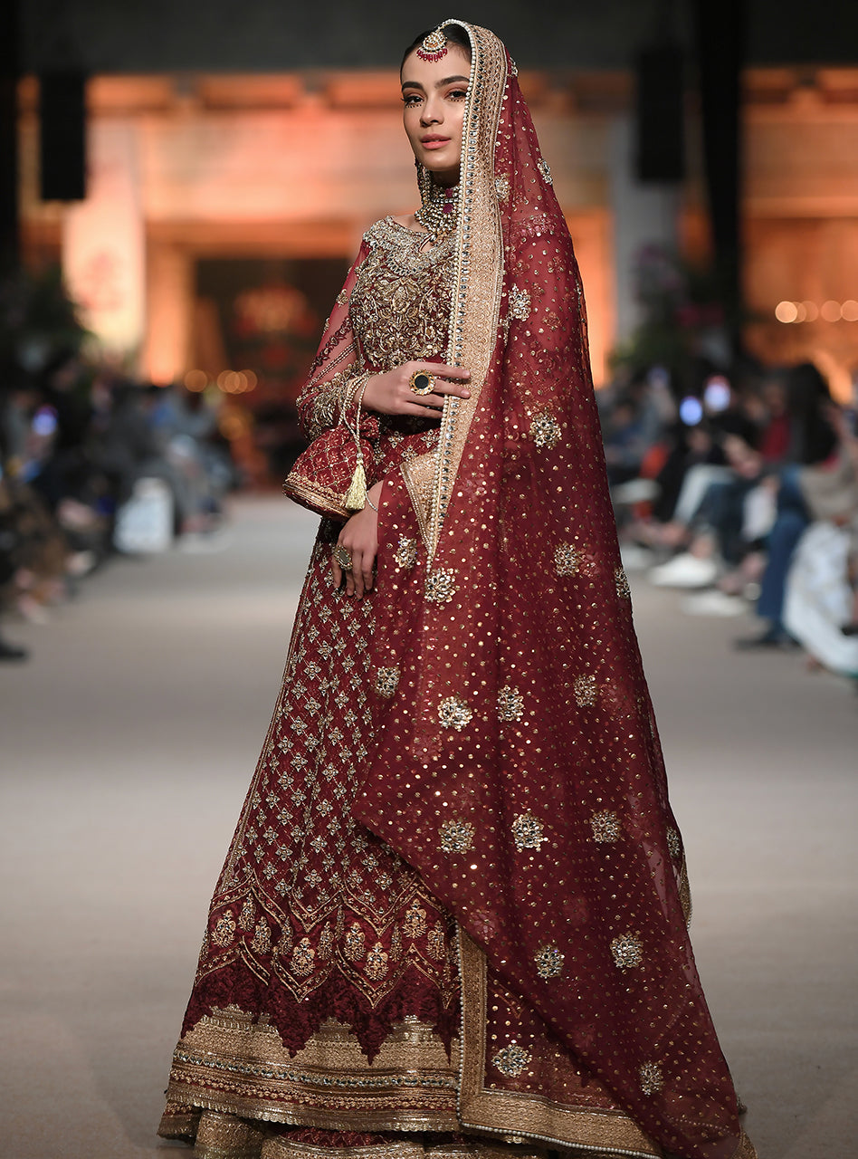 Pakistani Maroon Embroidered Net Bridal Gown (3-Piece) - Image 3