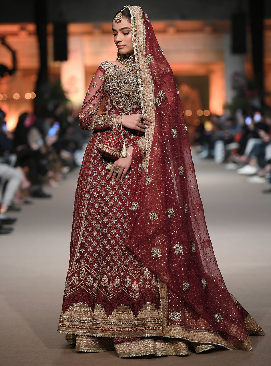 Pakistani Maroon Embroidered Net Bridal Gown (3-Piece) - Image 4