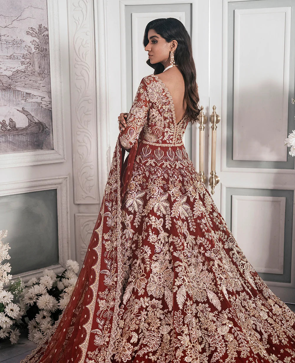 Pakistani Deep Maroon Embroidered Net Bridal Gown (2-Piece) - Image 10