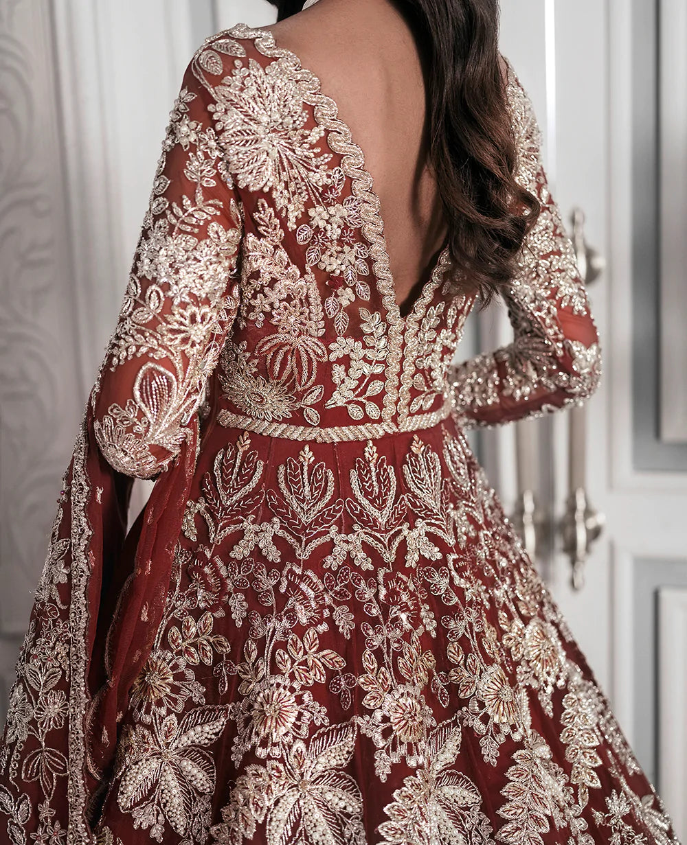 Pakistani Deep Maroon Embroidered Net Bridal Gown (2-Piece) - Image 11