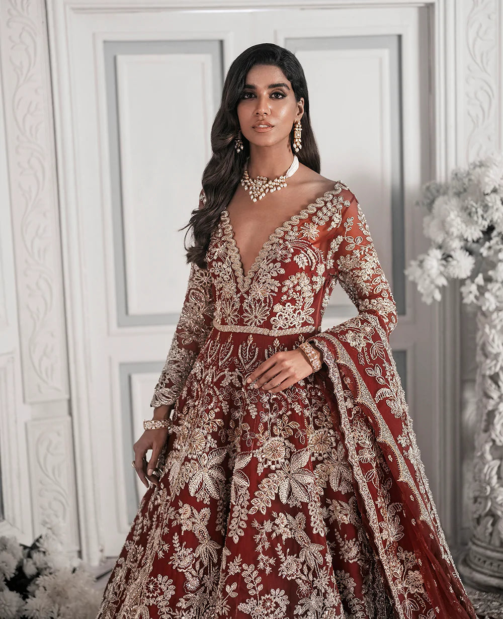 Pakistani Deep Maroon Embroidered Net Bridal Gown (2-Piece) - Image 12