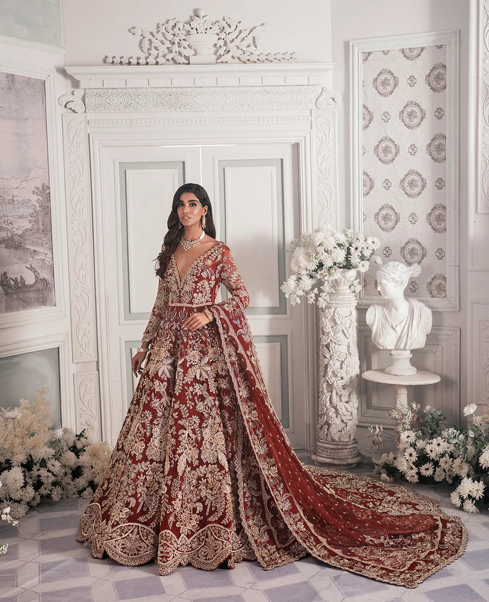 Pakistani Deep Maroon Embroidered Net Bridal Gown (2-Piece) - Image 2