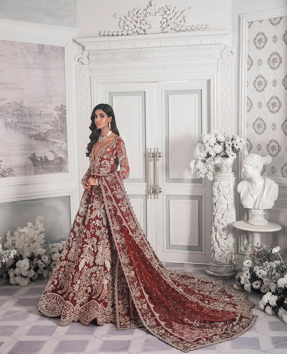 Pakistani Deep Maroon Embroidered Net Bridal Gown (2-Piece) - Image 3