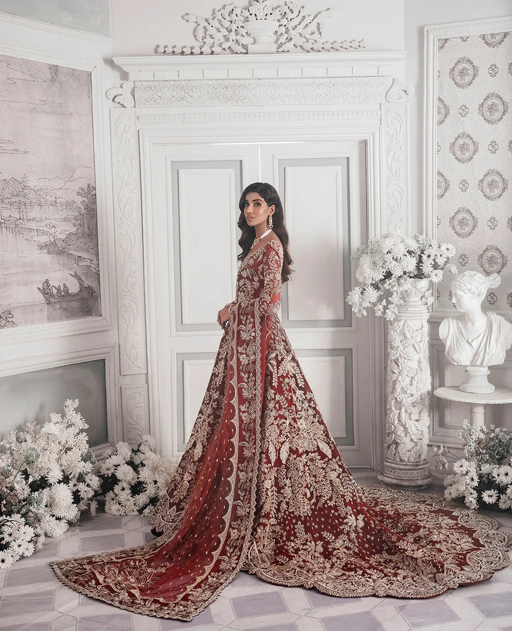 Pakistani Deep Maroon Embroidered Net Bridal Gown (2-Piece) - Image 4