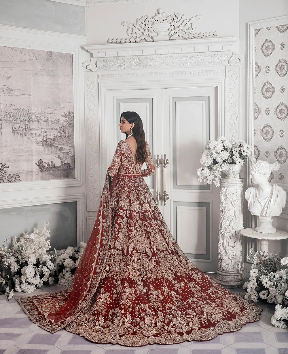 Pakistani Deep Maroon Embroidered Net Bridal Gown (2-Piece) - Image 5