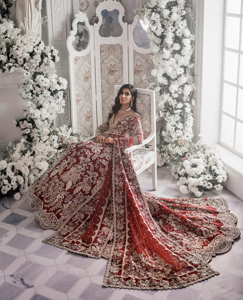 Pakistani Deep Maroon Embroidered Net Bridal Gown (2-Piece) - Image 6