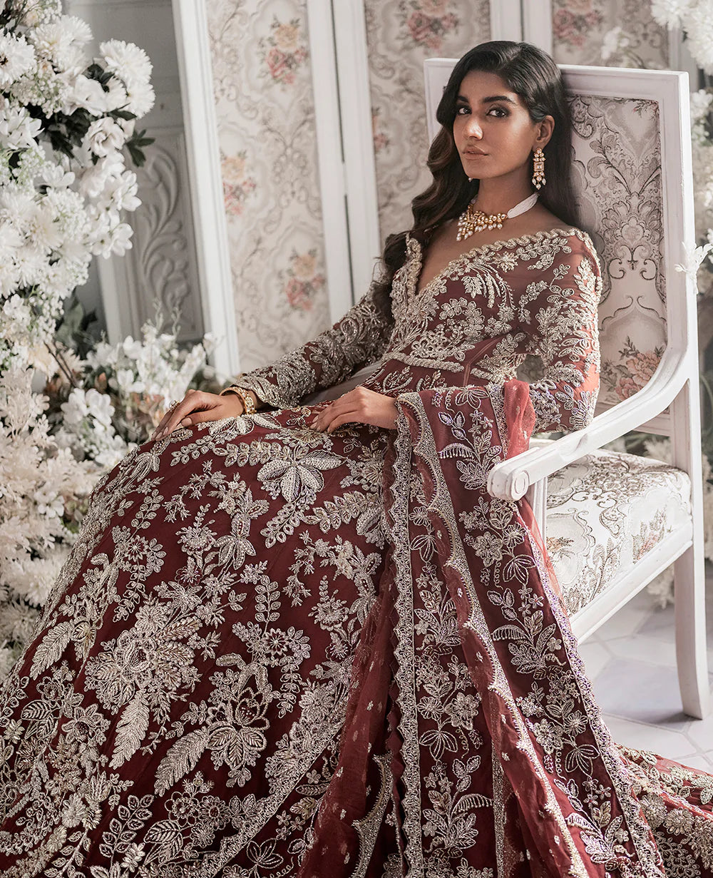 Pakistani Deep Maroon Embroidered Net Bridal Gown (2-Piece) - Image 7