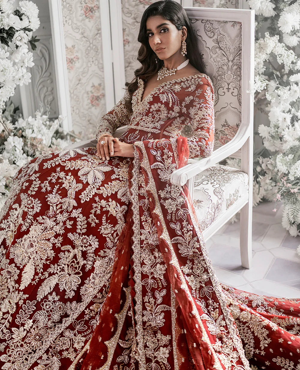Pakistani Deep Maroon Embroidered Net Bridal Gown (2-Piece) - Image 8