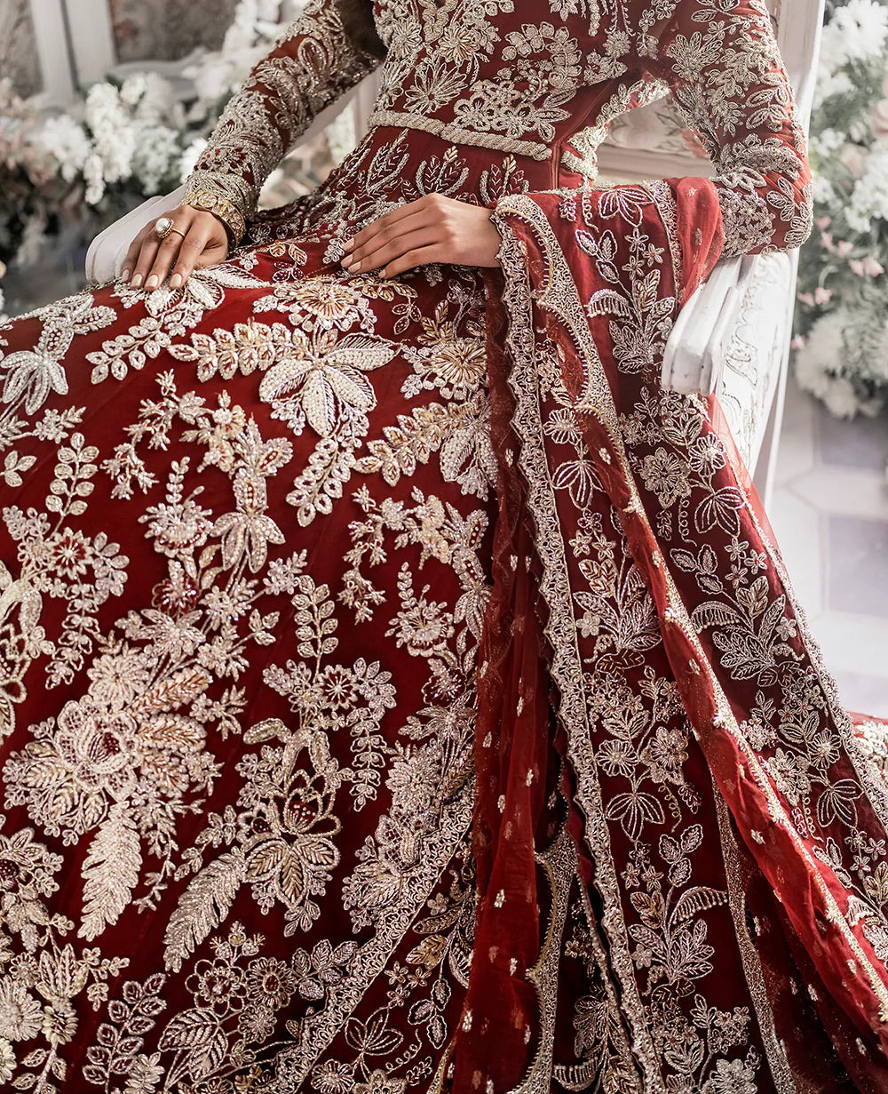 Pakistani Deep Maroon Embroidered Net Bridal Gown (2-Piece) - Image 9