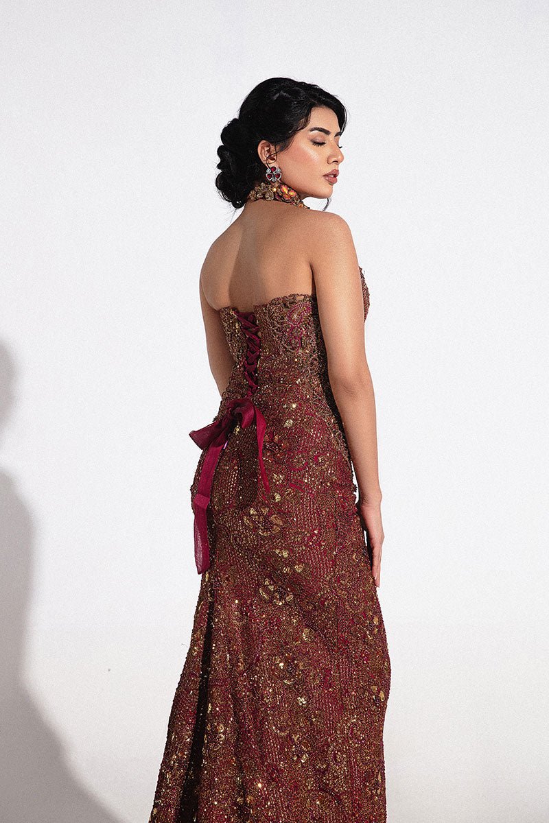 Pakistani Brown Wine Hand-Embellished Net Gown (1-Pc) - Image 4