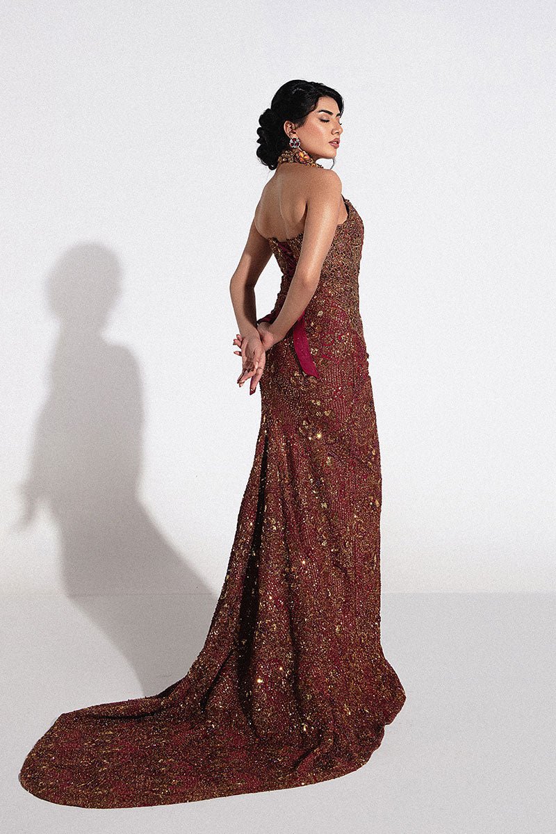 Pakistani Brown Wine Hand-Embellished Net Gown (1-Pc) - Image 5