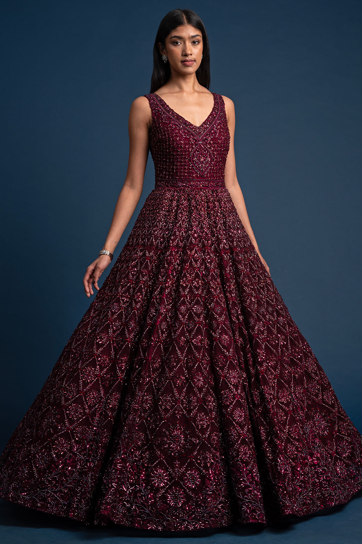 Indian Wine Red Embellished Net Reception Gown (1-Pc) - Image 1