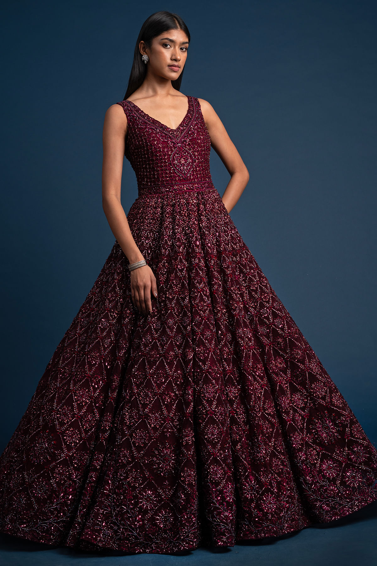 Indian Wine Red Embellished Net Reception Gown (1-Pc) - Image 3
