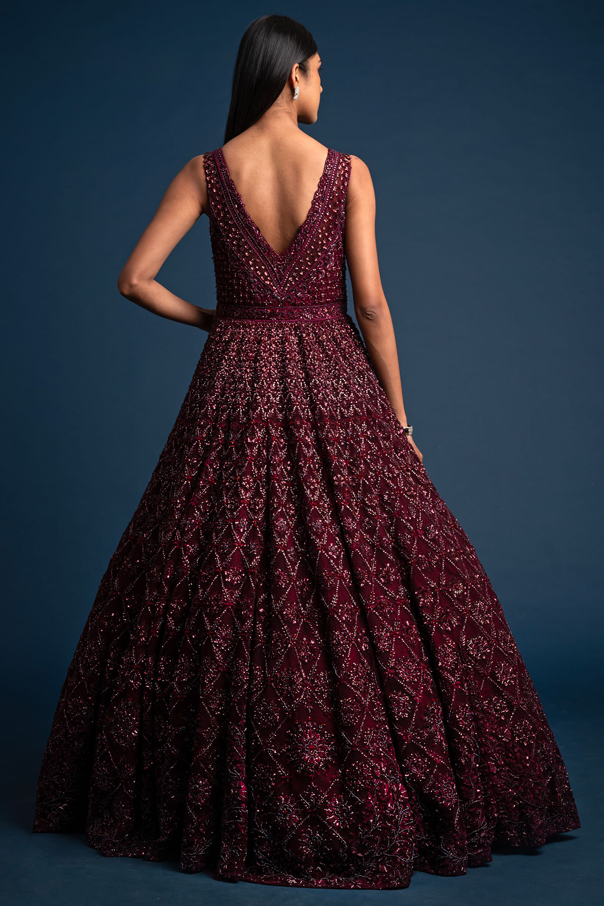 Indian Wine Red Embellished Net Reception Gown (1-Pc) - Image 4