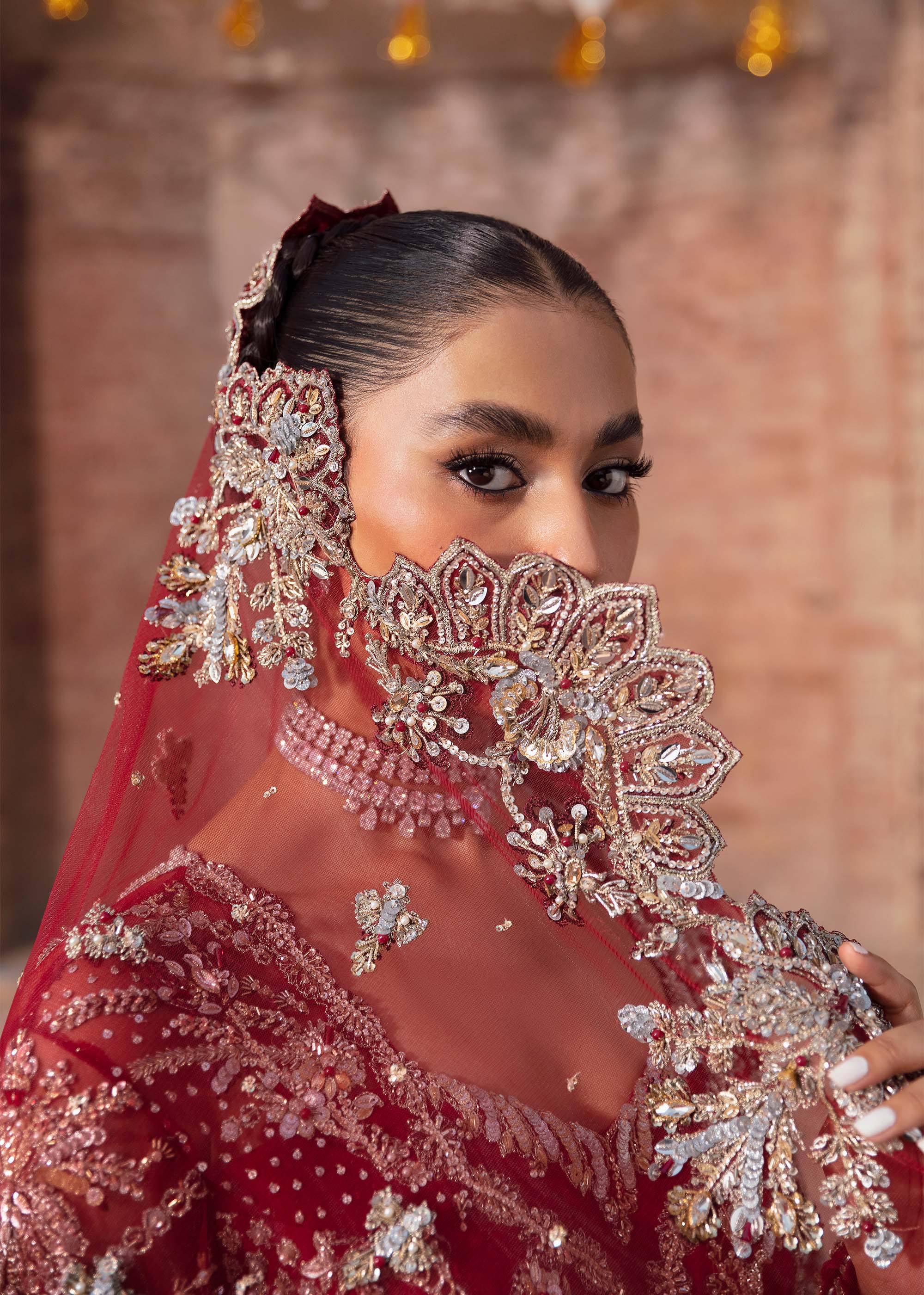 Deep Maroon Embellished Net Bridal Gown (2-Piece) - Image 7