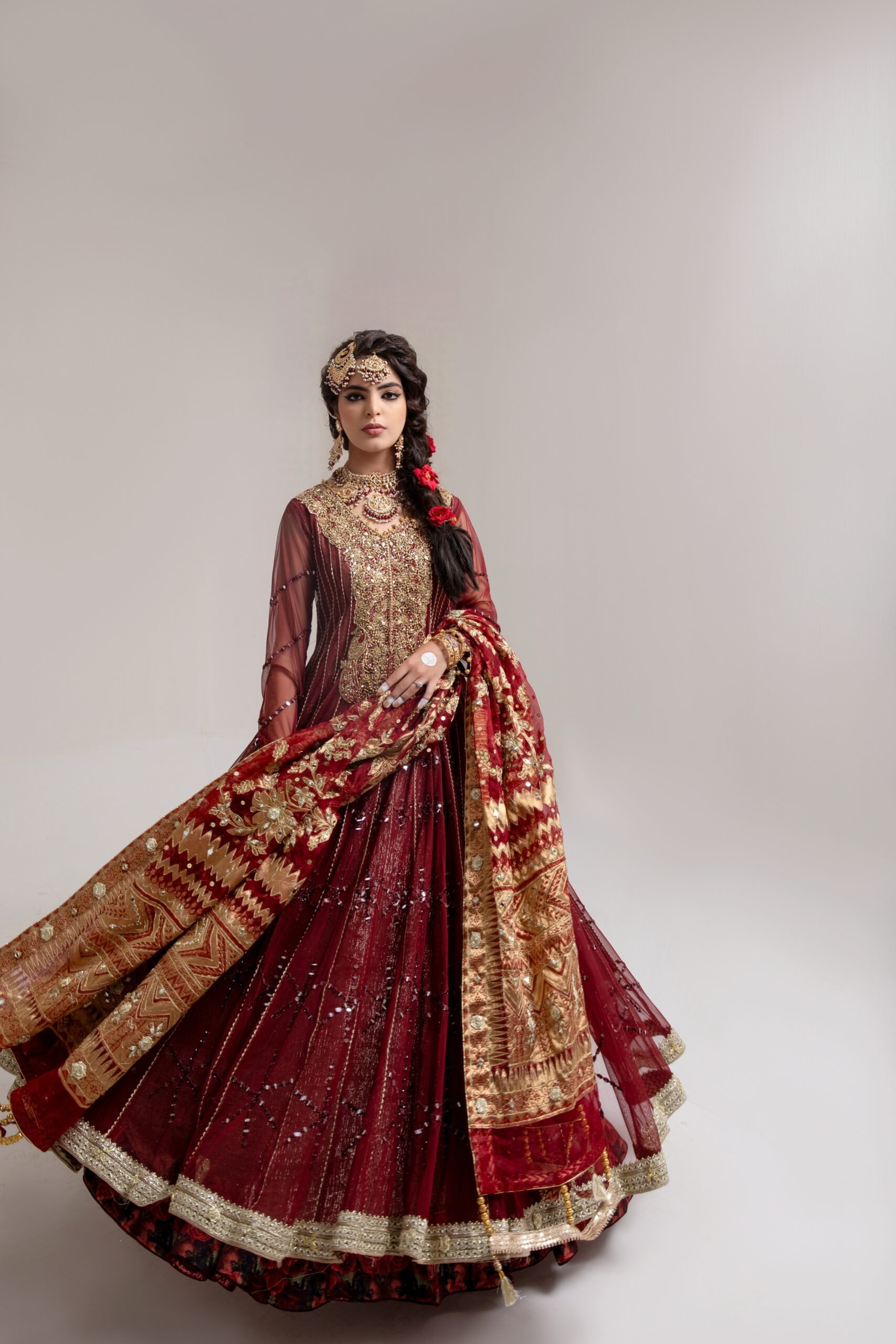 Maroon Gold Embroidered Net Bridal Gown (2-Piece) - Image 1