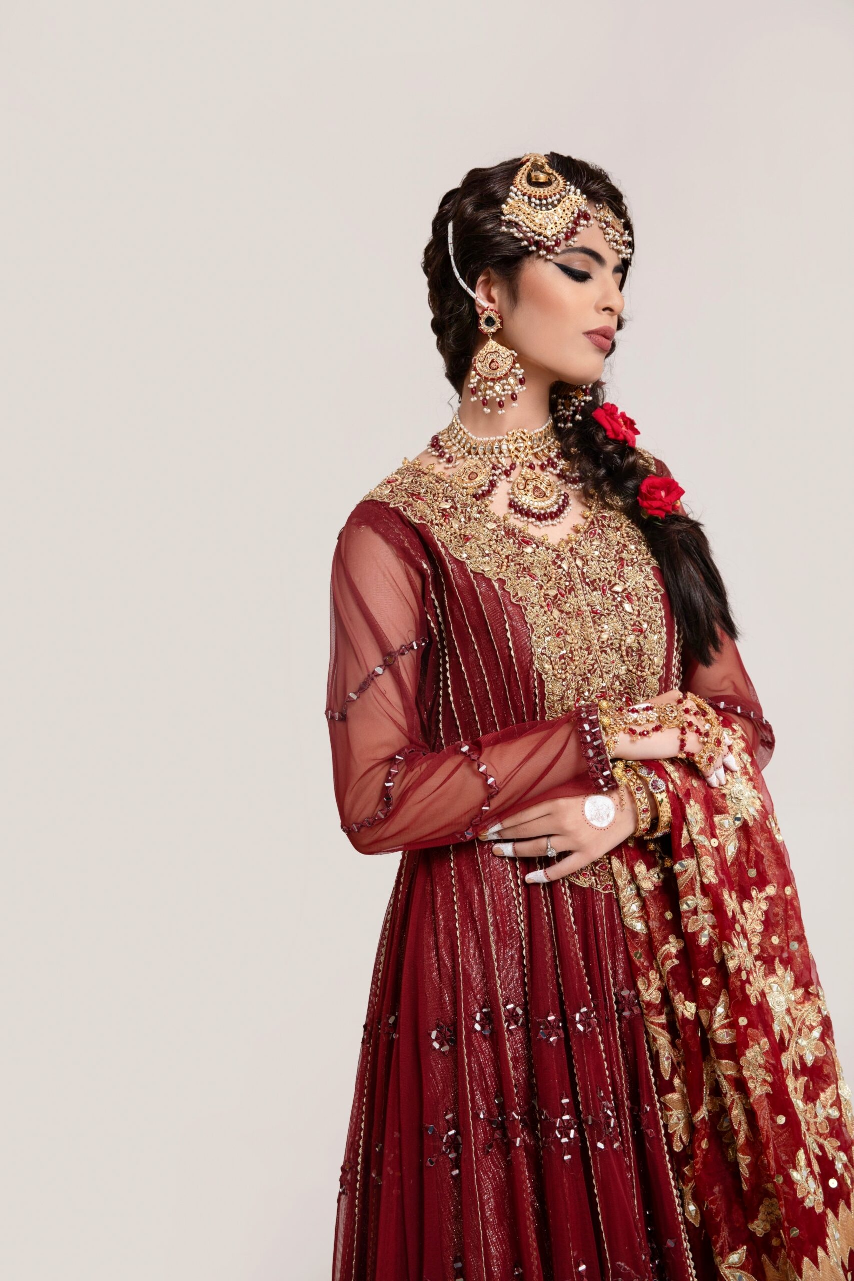 Maroon Gold Embroidered Net Bridal Gown (2-Piece) - Image 2