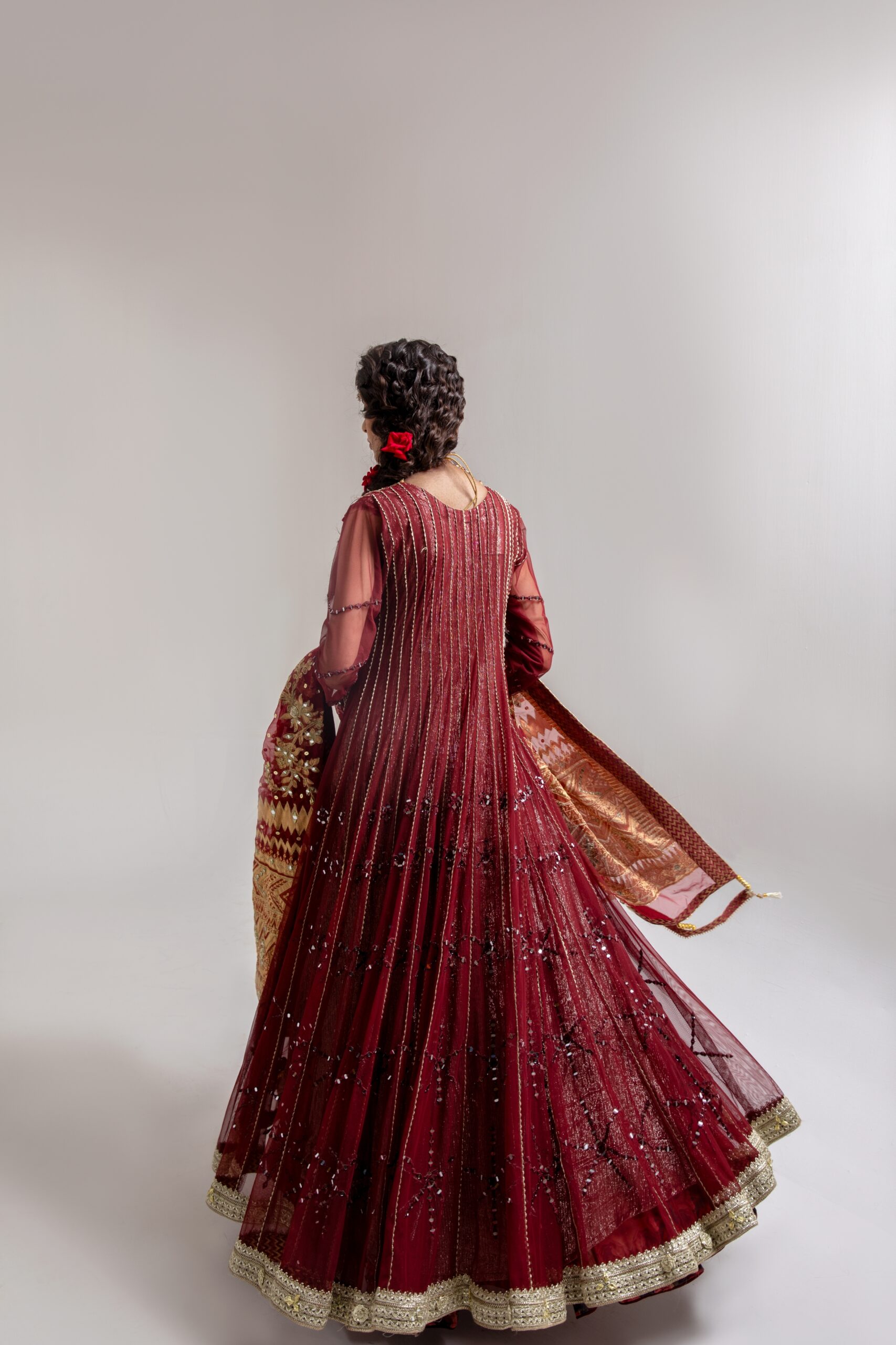 Maroon Gold Embroidered Net Bridal Gown (2-Piece) - Image 3