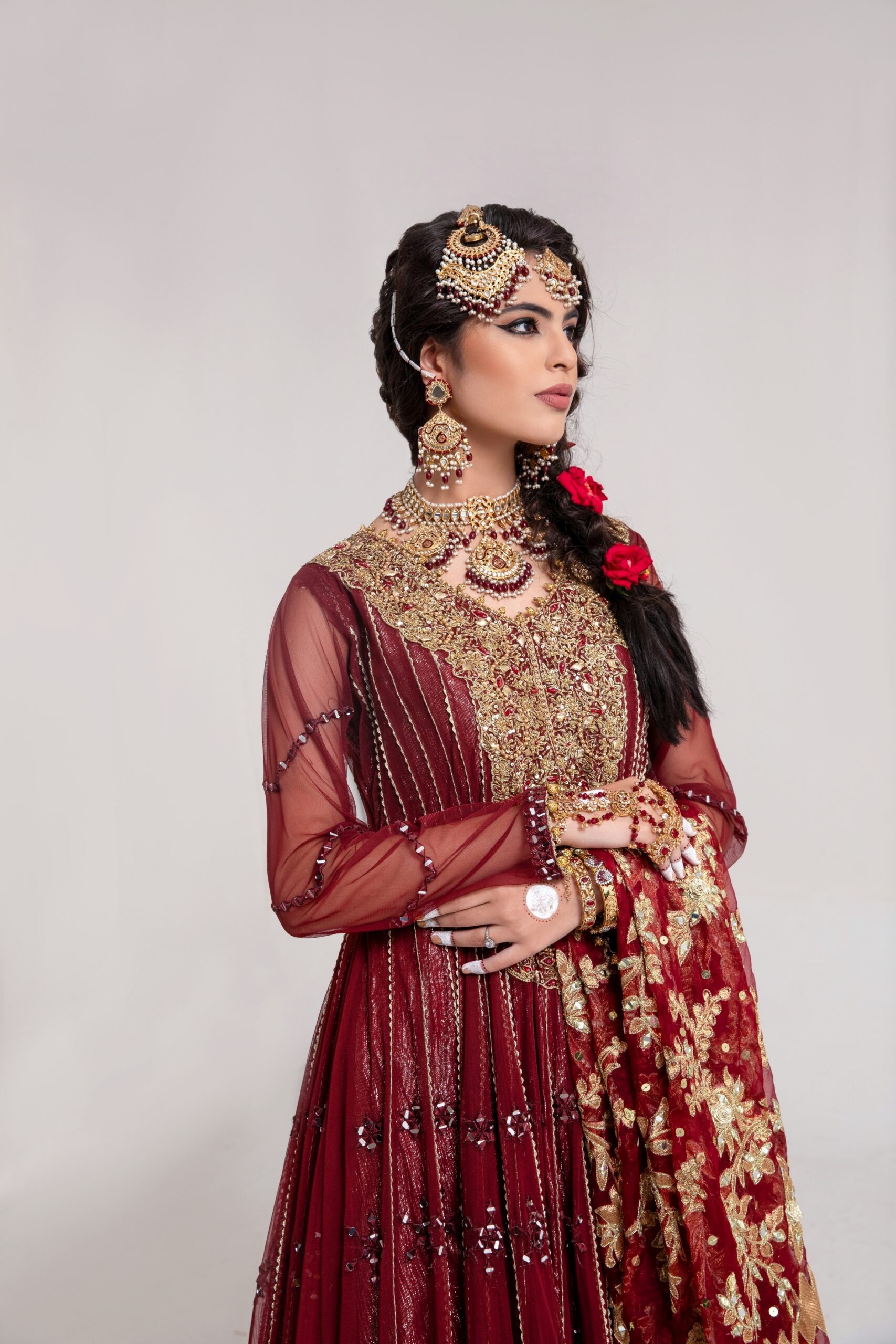 Maroon Gold Embroidered Net Bridal Gown (2-Piece) - Image 4