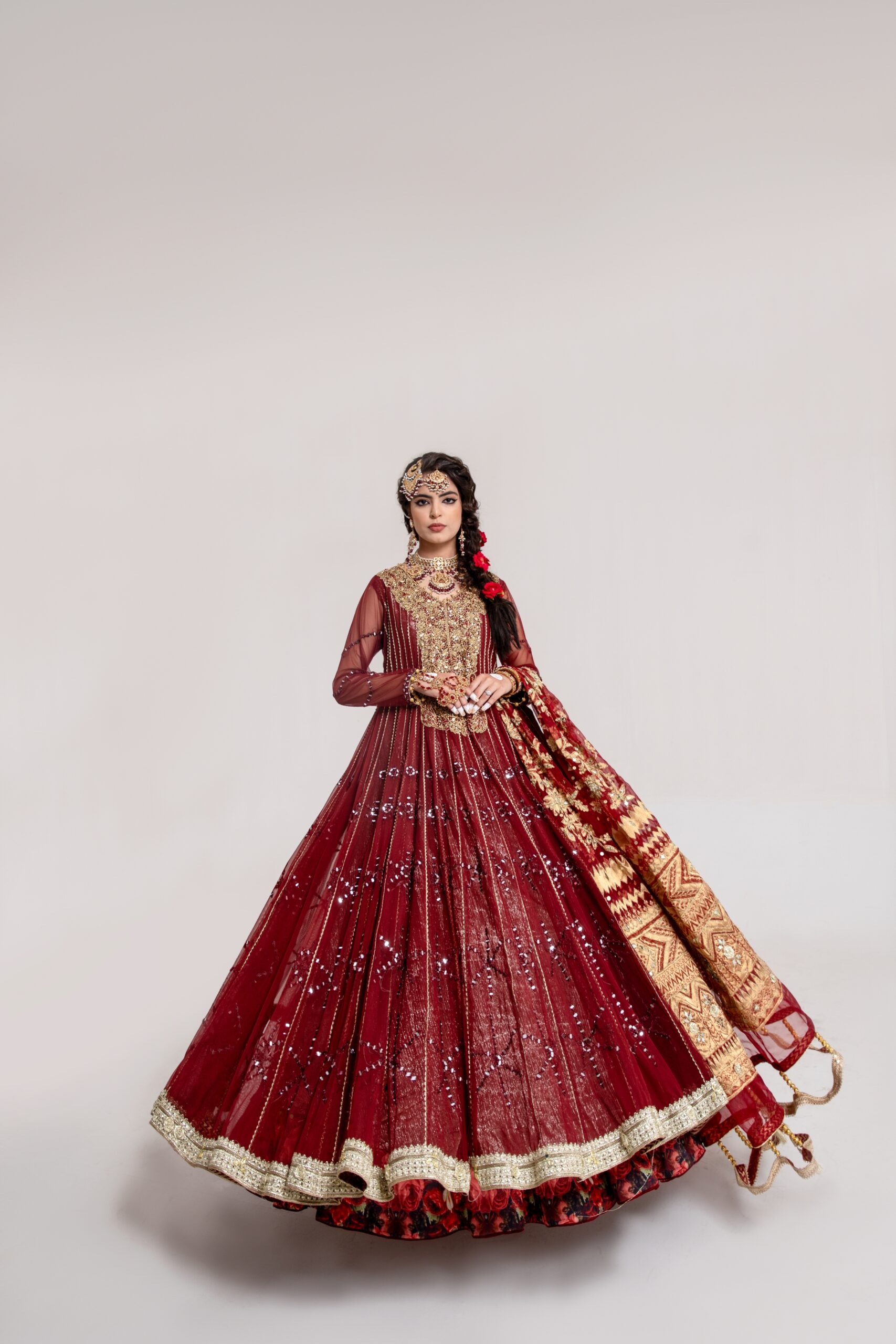 Maroon Gold Embroidered Net Bridal Gown (2-Piece) - Image 5