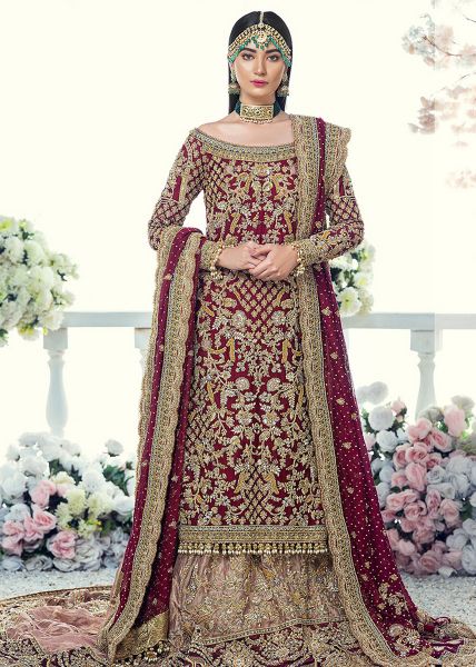 Deep Maroon Embellished Net Bridal Gown (2-Piece) - Image 2