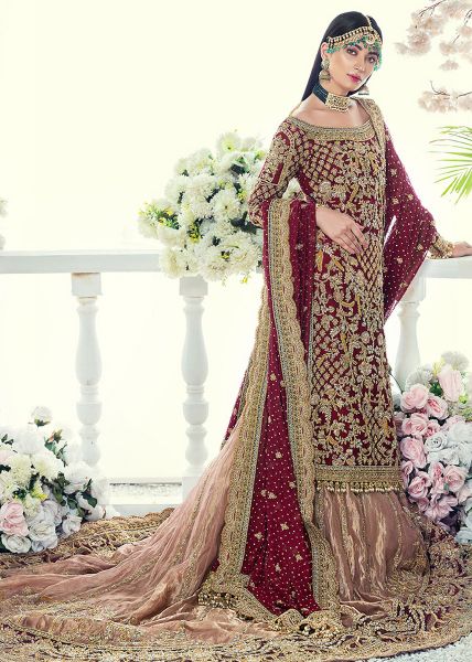 Deep Maroon Embellished Net Bridal Gown (2-Piece) - Image 3